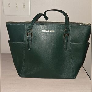 Michael Kors | Dark Green Charlotte Large Saffiano Leather Top-Zip Tote Bag